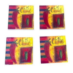 Set of 4 absorbent Tile Corkback Chile Jalapeño Coasters artist Bernadette Mood